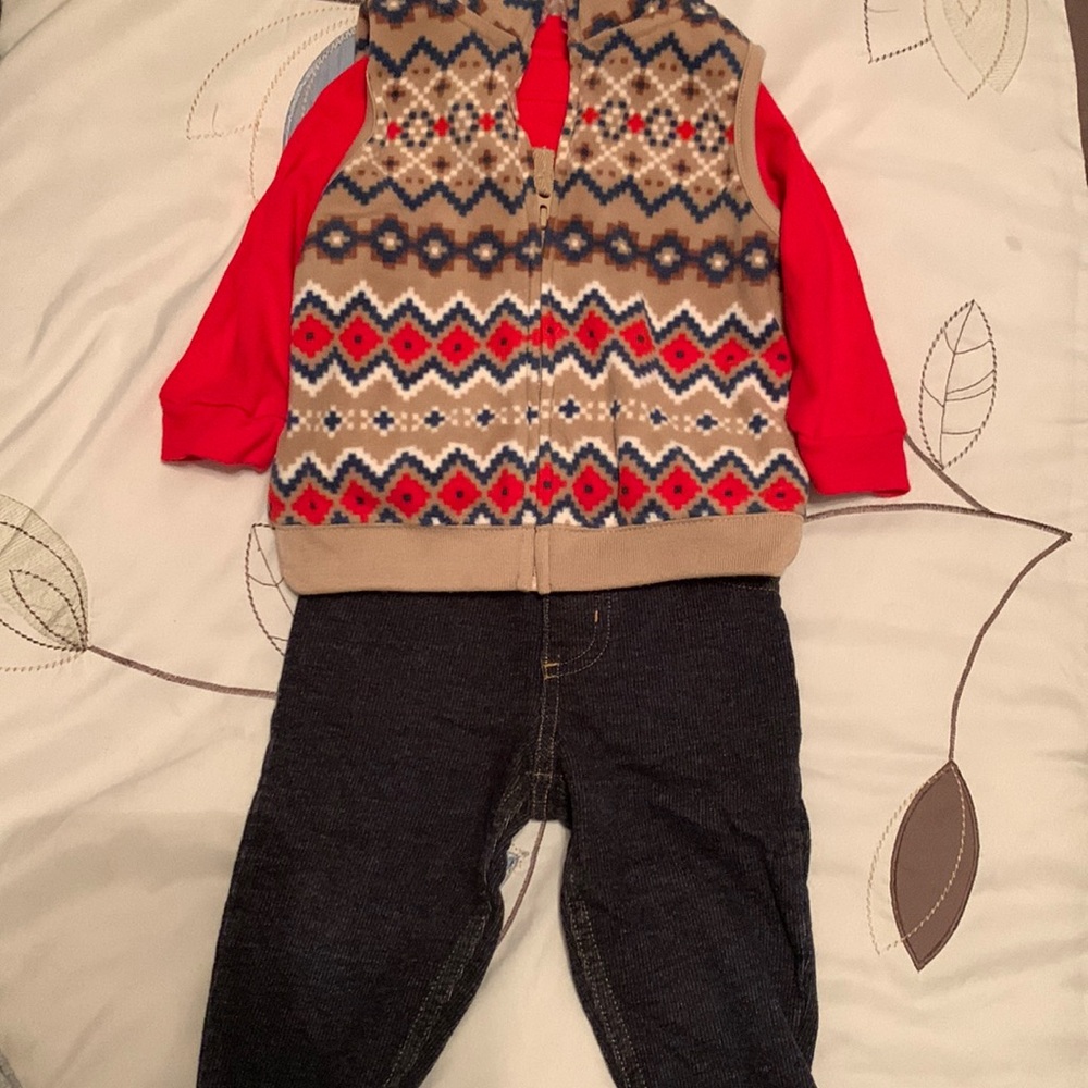 Carter’s 3-piece Red Long Sleeve Bodysuit, Brown Vest, & Denim Pants Boys 12 mo